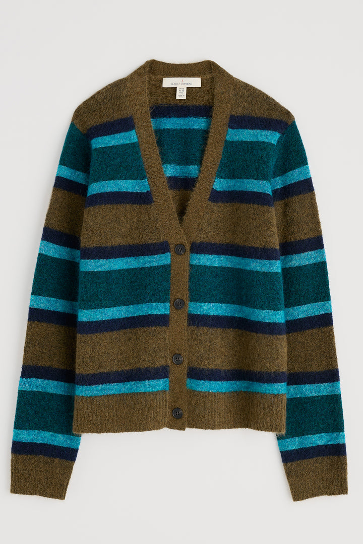 Striped cardigan with brown, blue, and green colors on a white background