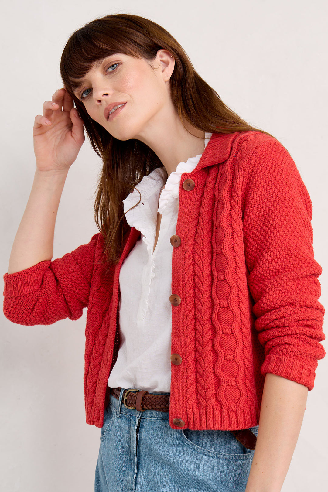 Seasalt Forest Ridge Red Tomato Melange Cable Knit Collared Cardigan - Shirley Allum Boutique