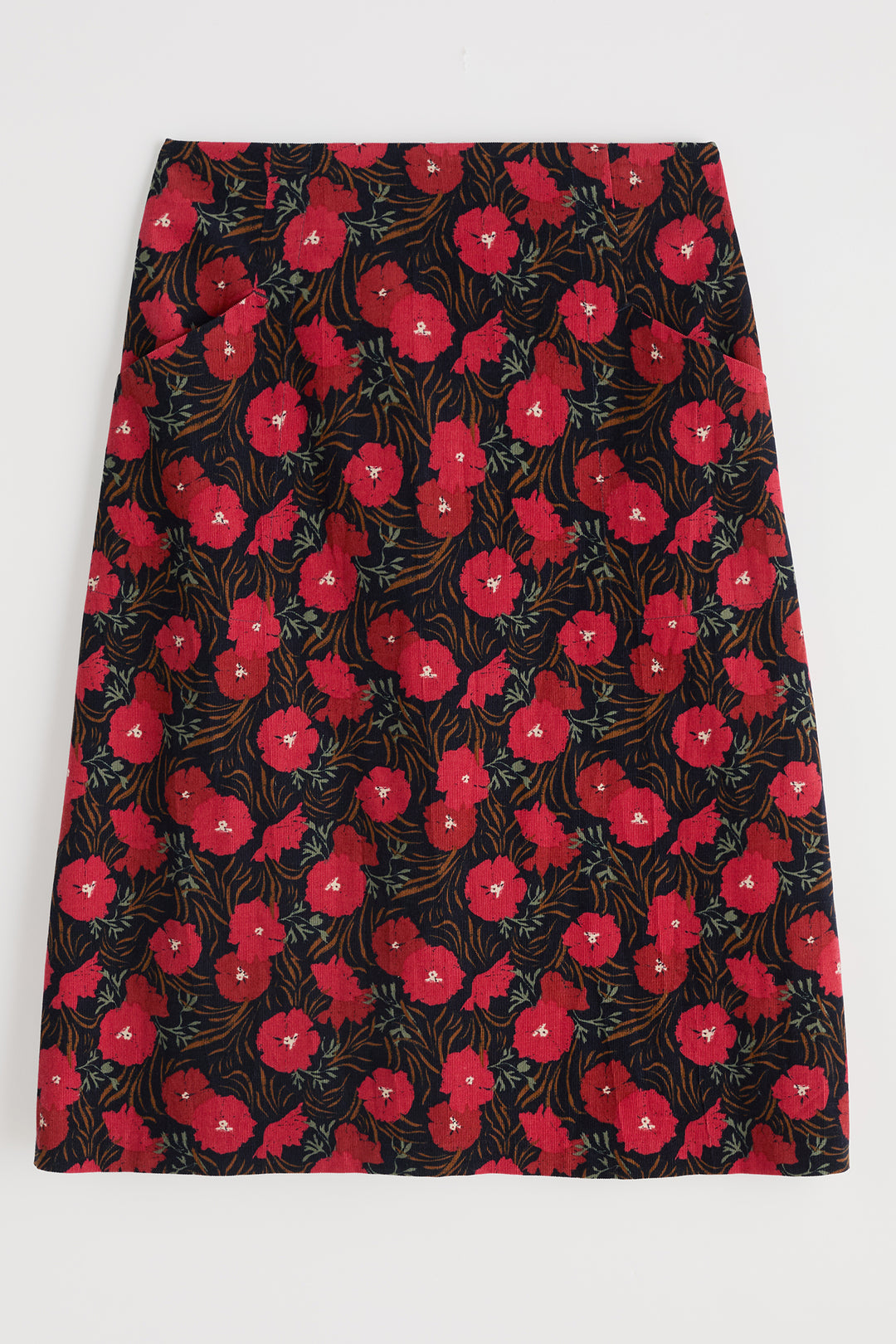 Floral patterned skirt with red flowers on a black background