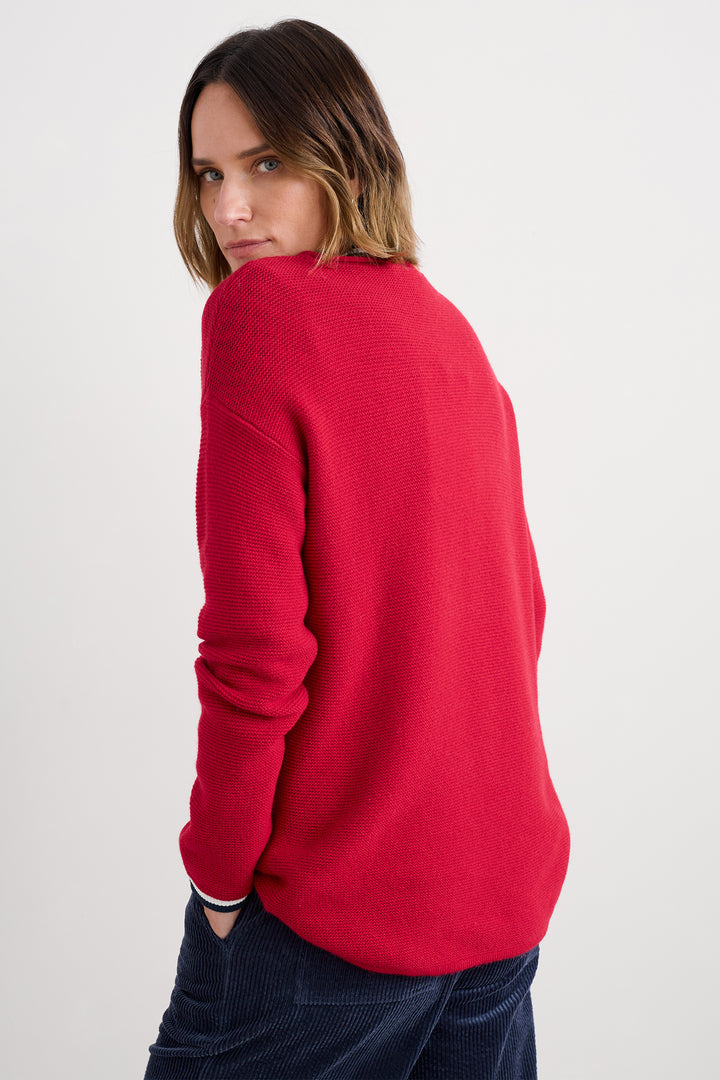 Person wearing a red sweater on a white background