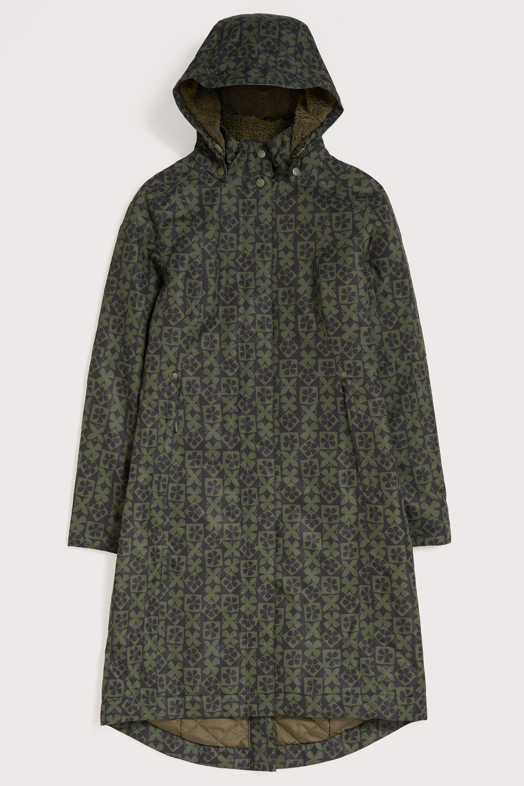 Green patterned raincoat with a hood on a white background
