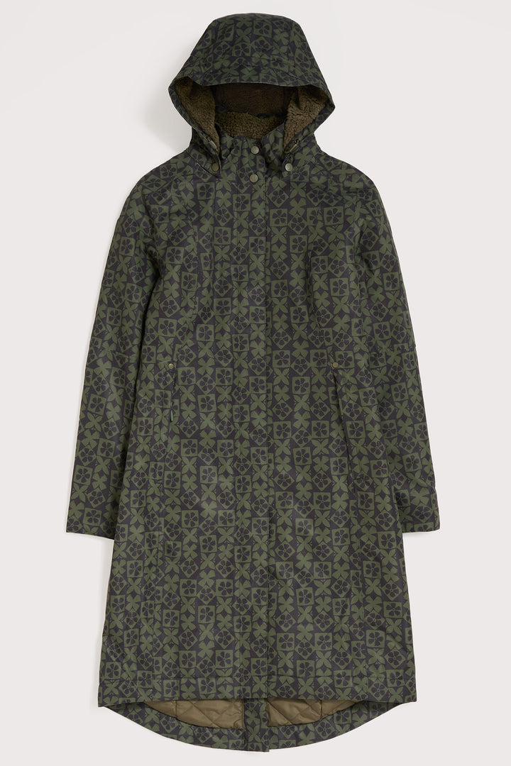 Green patterned raincoat with a hood on a white background