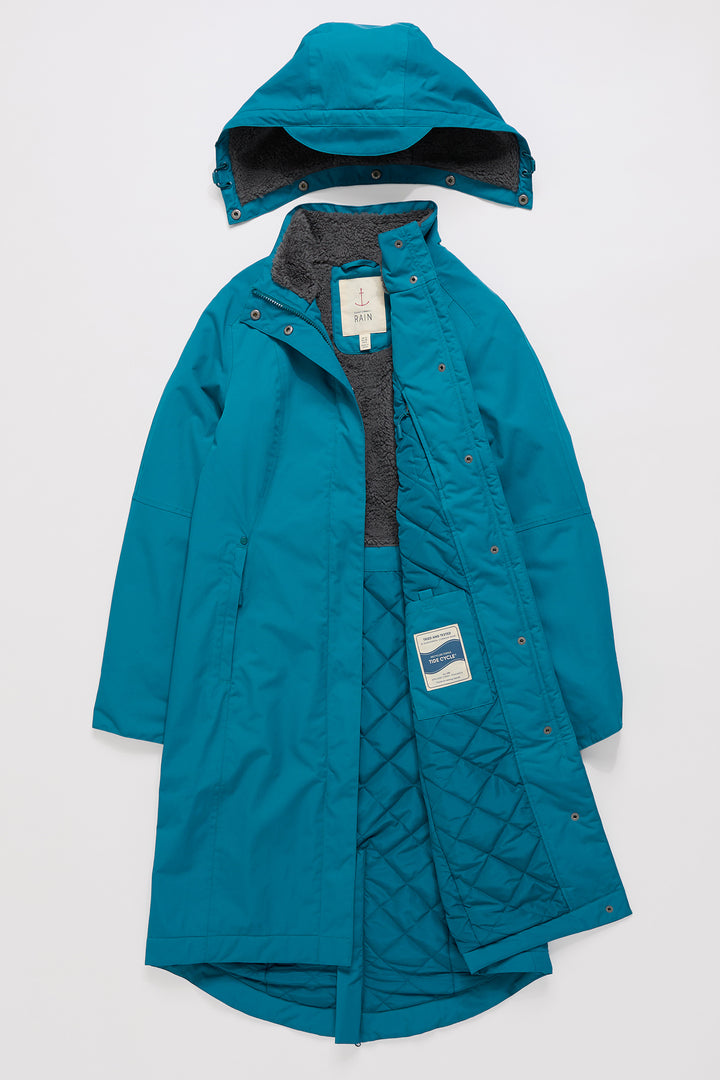 Teal coat with a hood on a white background