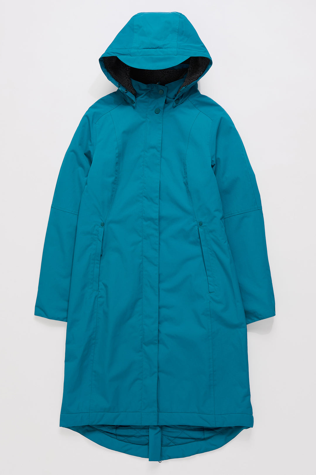 Teal raincoat with a hood on a light gray background