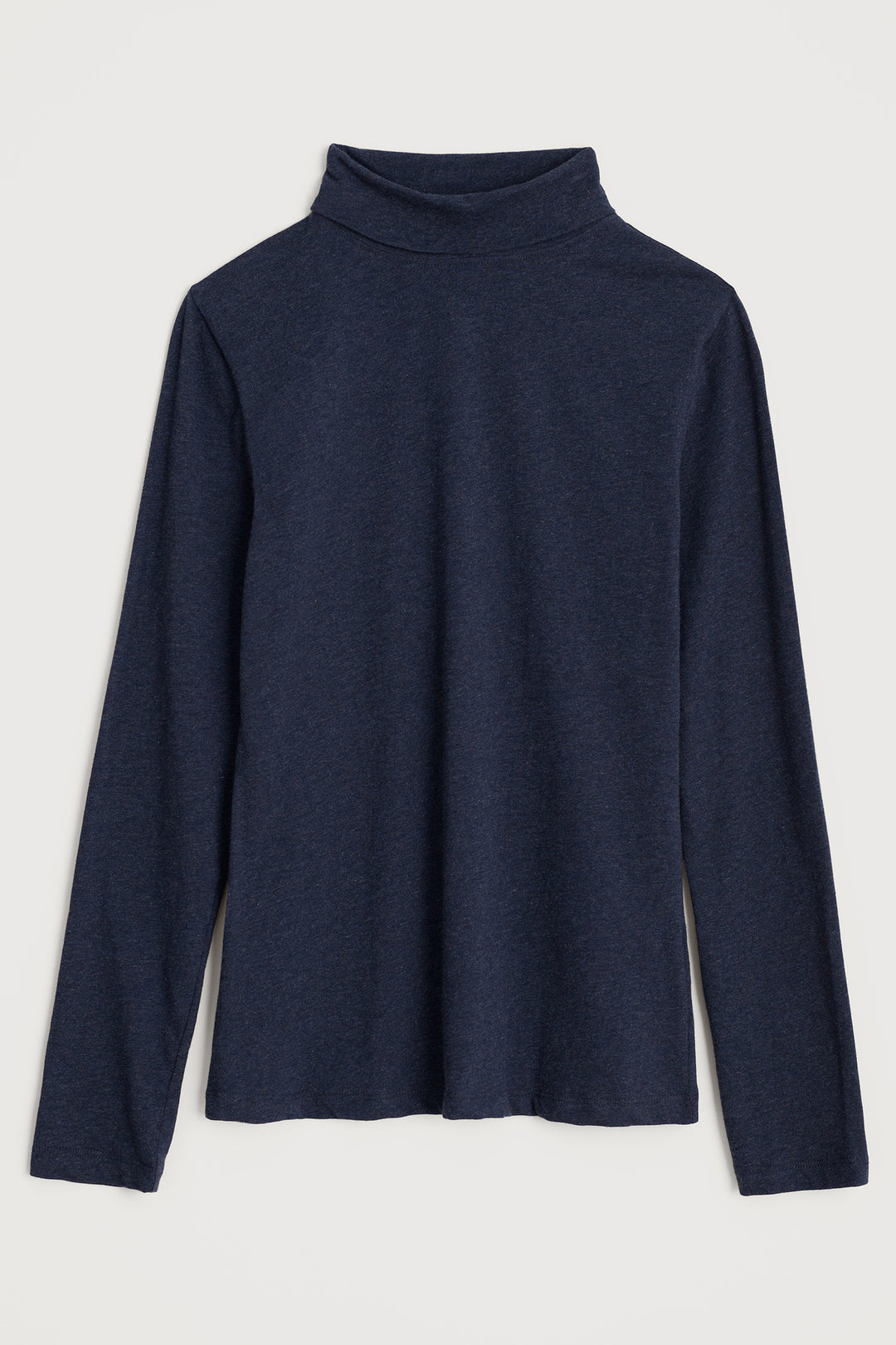 Navy blue turtleneck sweater on a light gray background