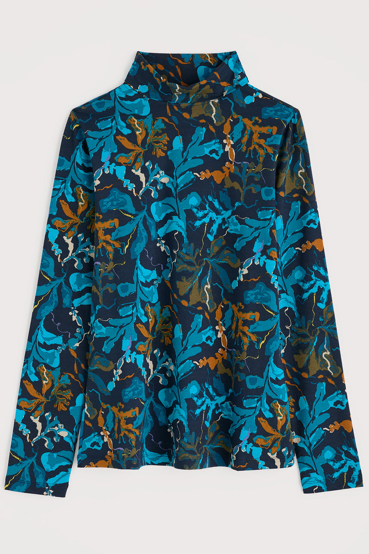 Long-sleeve shirt with a blue and orange floral pattern on a white background