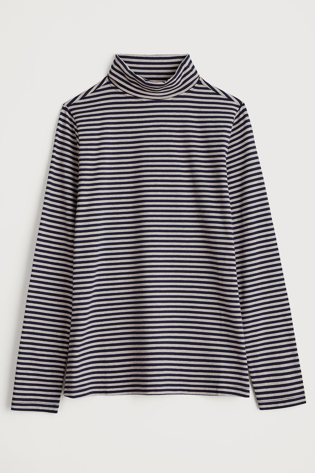 Navy and white striped long-sleeve top on a light gray background