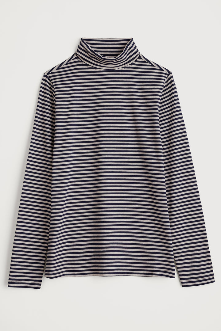 Navy and white striped long-sleeve top on a light gray background