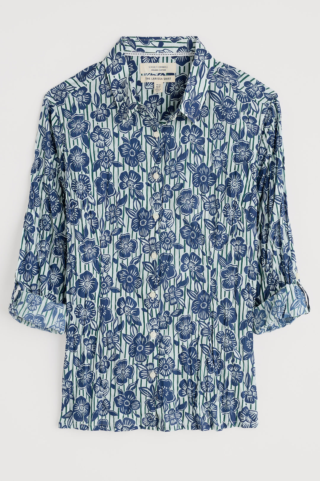 Blue floral patterned shirt on a white background