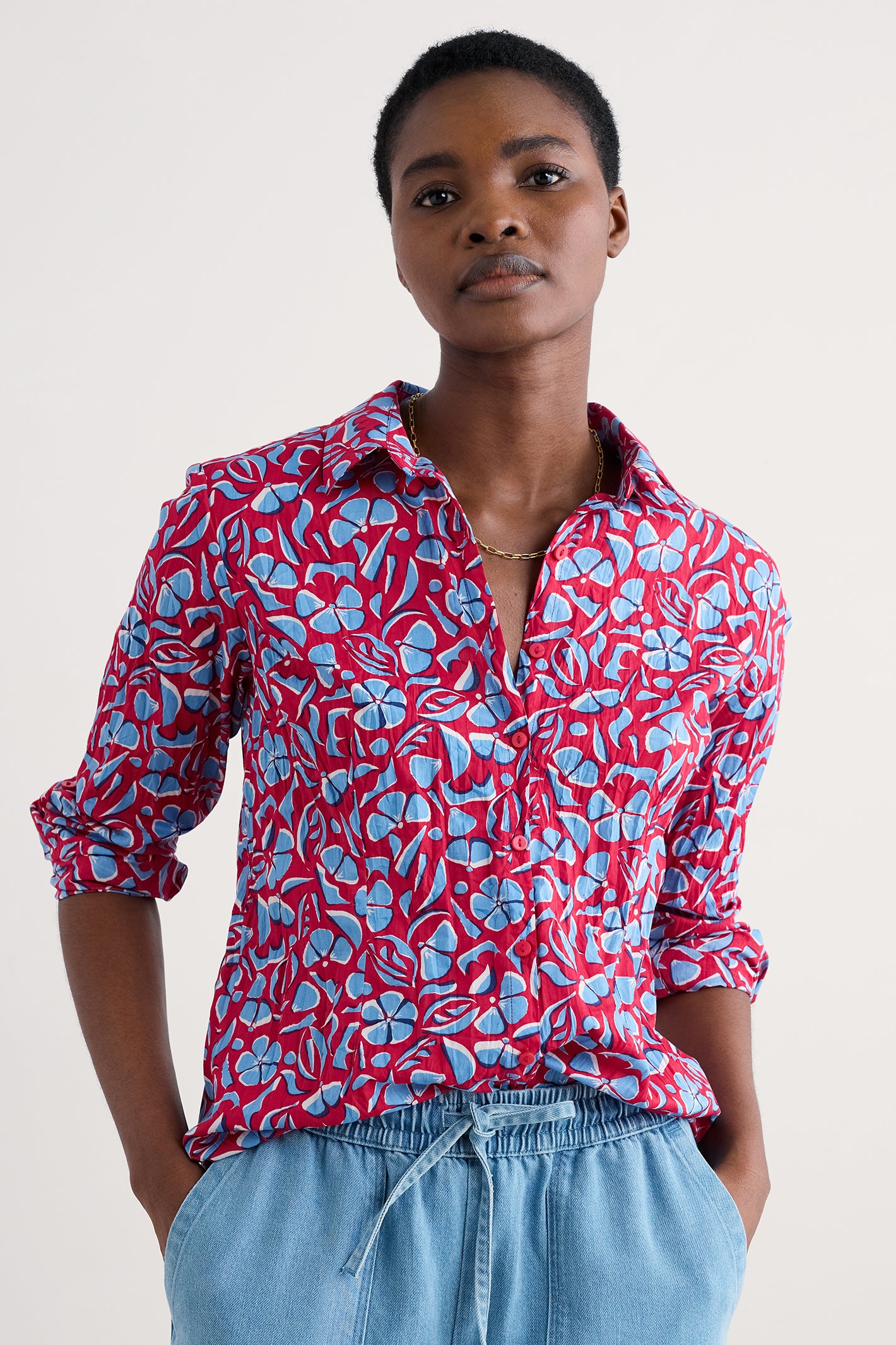 Seasalt Women's Teal Blue Floral Long Sleeve Cotton Shirt - Lightweight Button-Up (Factory Second With Minor Defect)