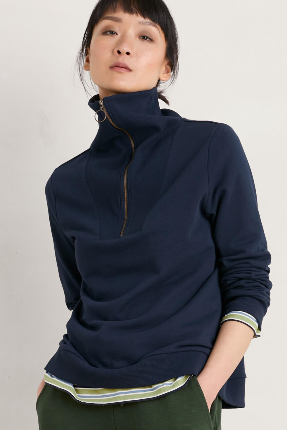 Seasalt Maritime Navy Tideline High Zip Neck Sweatshirt - Shirley Allum Boutique