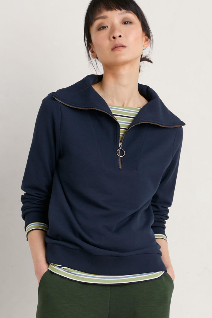 Seasalt Maritime Navy Tideline High Zip Neck Sweatshirt - Shirley Allum Boutique