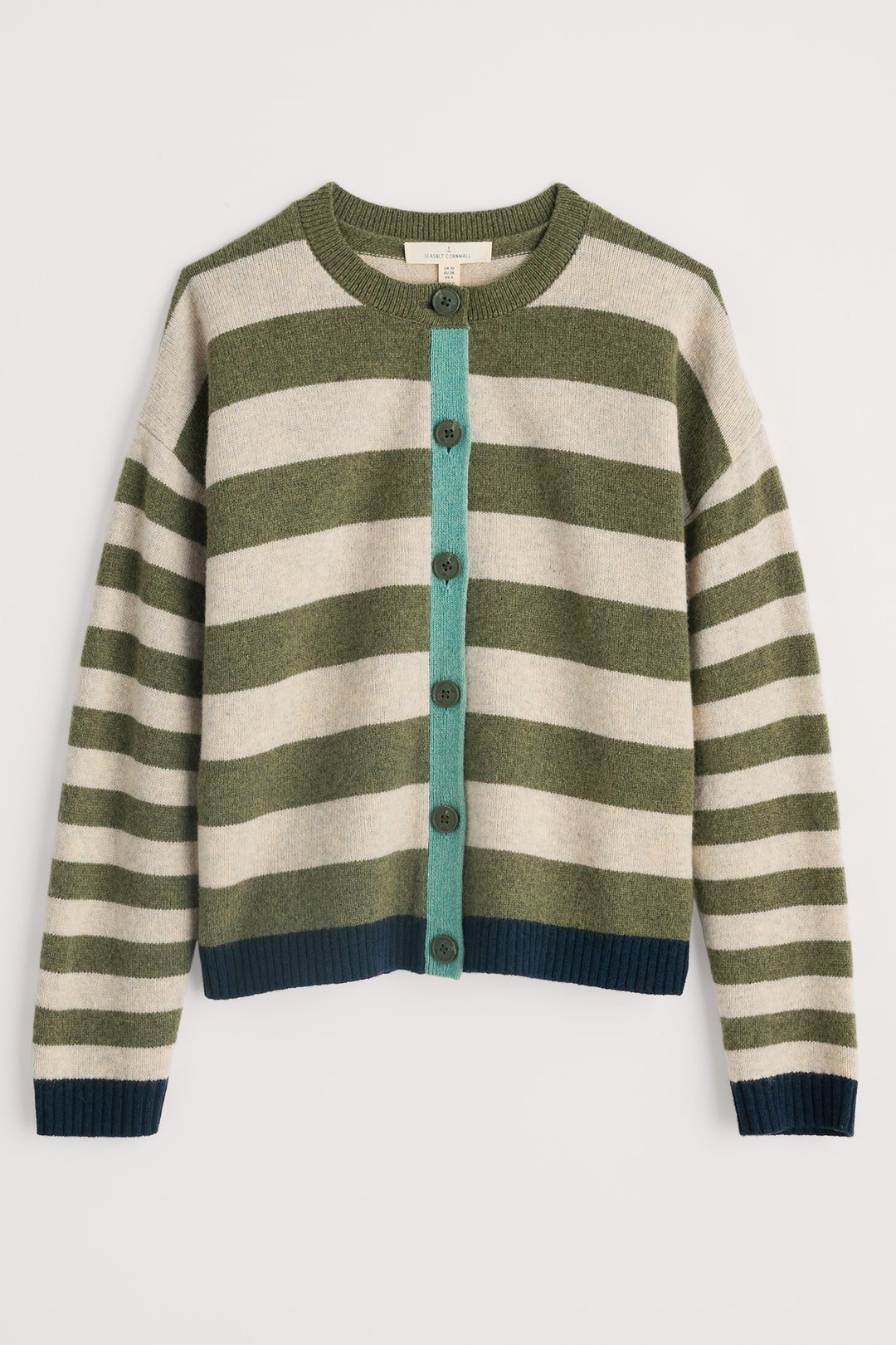 Striped cardigan with green and beige pattern on a white background