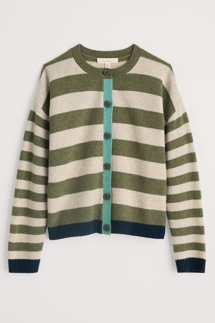 Striped cardigan with green and beige pattern on a white background