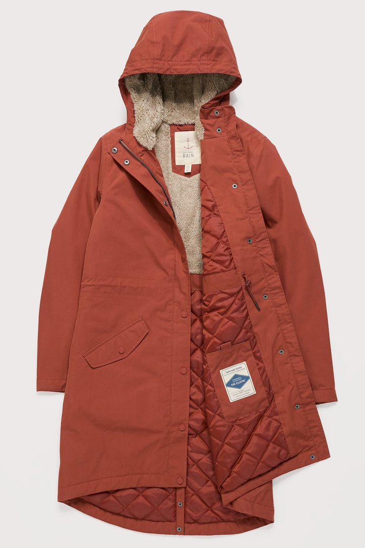Red parka coat with a hood on a white background