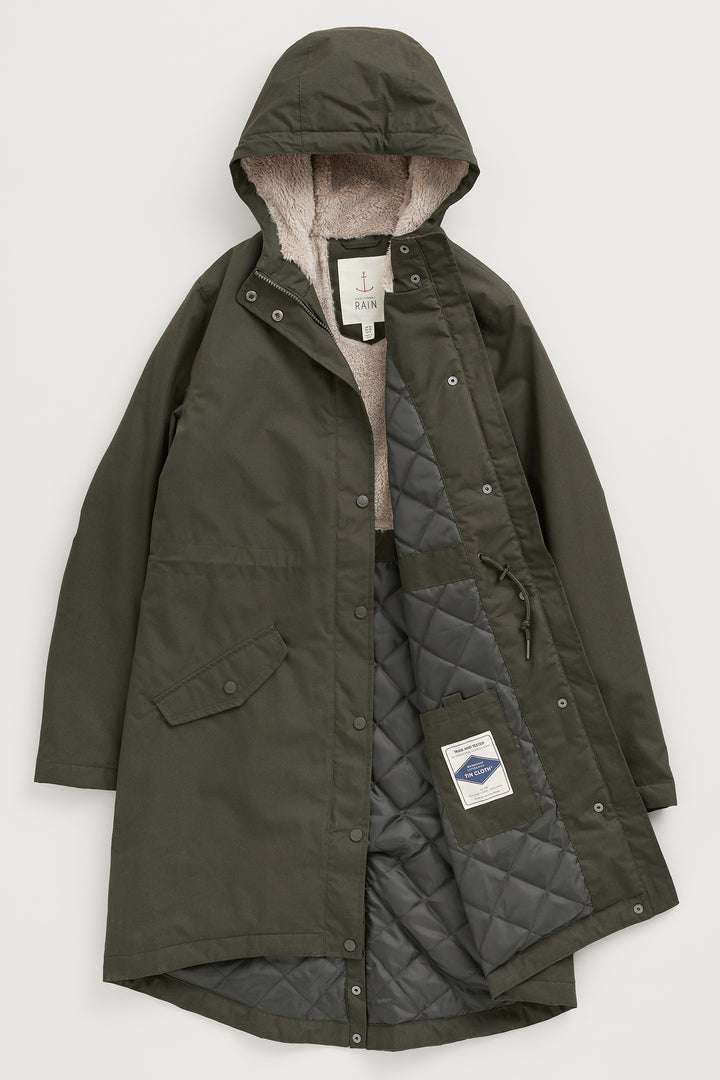 Green parka coat with quilted lining on a white background