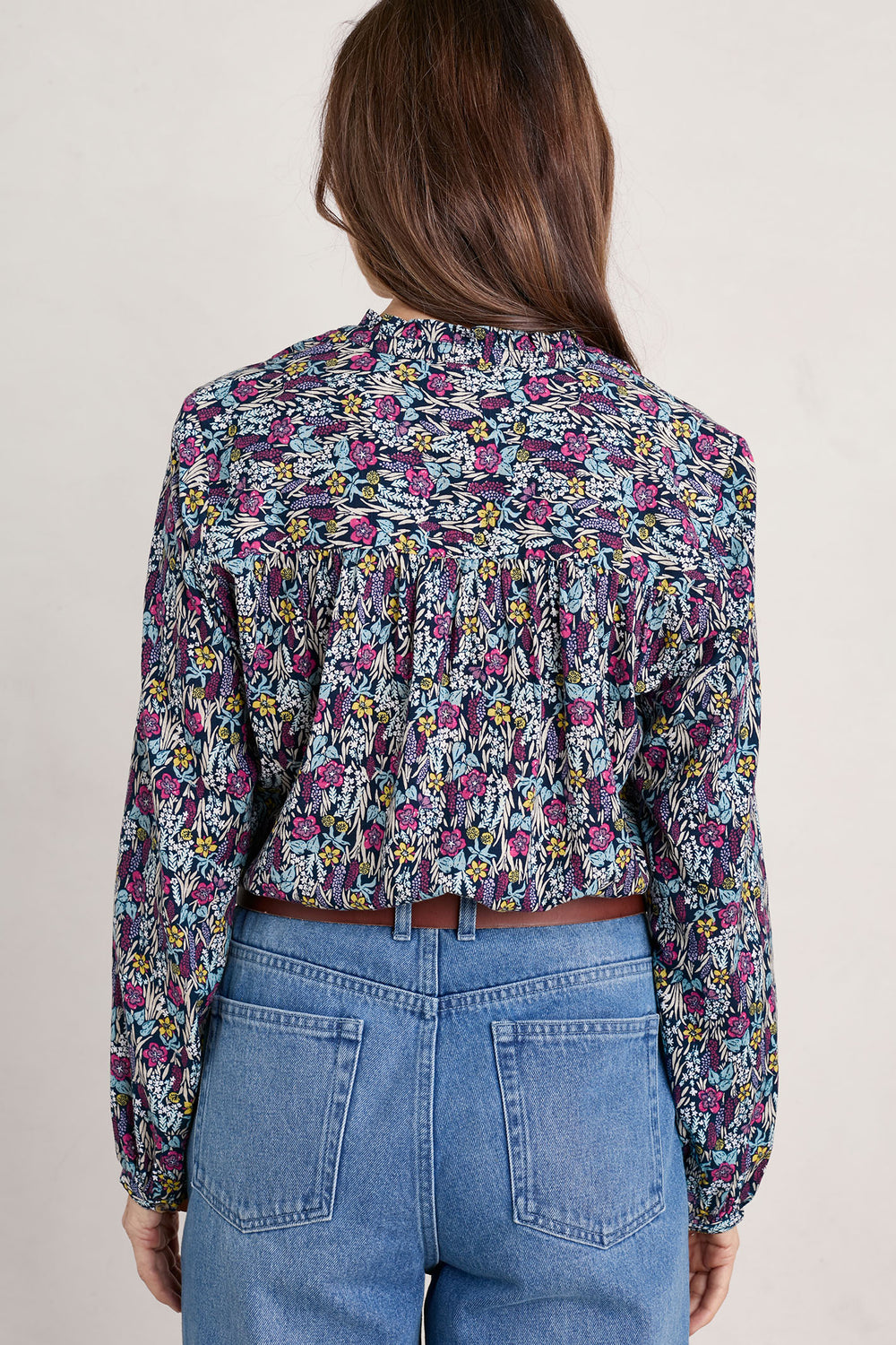 Seasalt Sea Flow Navy Floral Moor Maritime Split Neck Long Sleeve Top - Shirley Allum Boutique