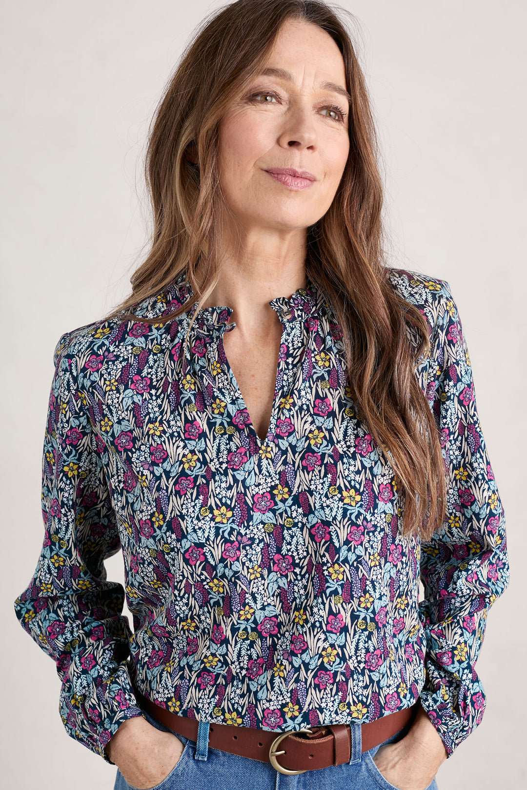 Seasalt Sea Flow Navy Floral Moor Maritime Split Neck Long Sleeve Top - Shirley Allum Boutique