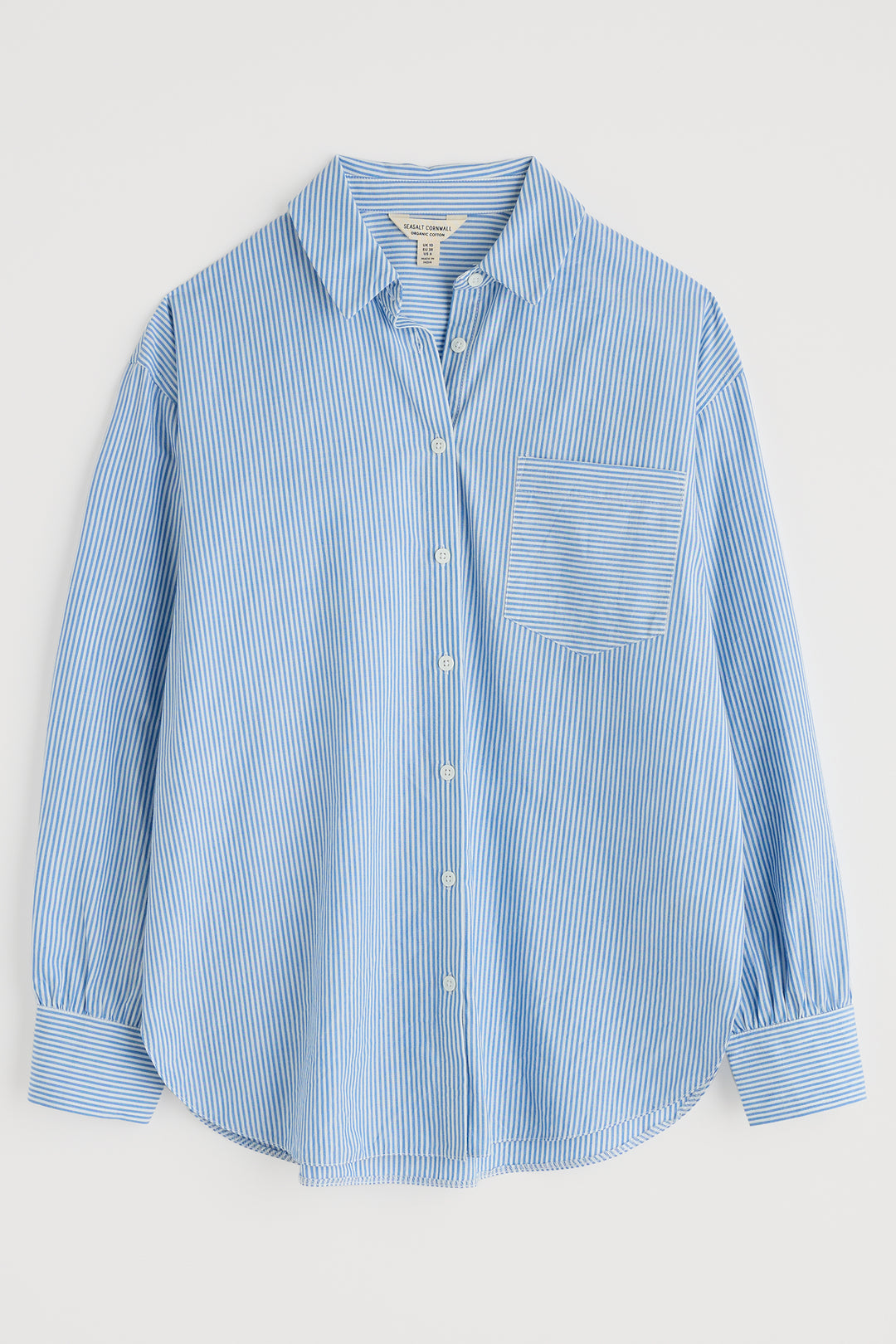 Blue striped shirt on a light gray background