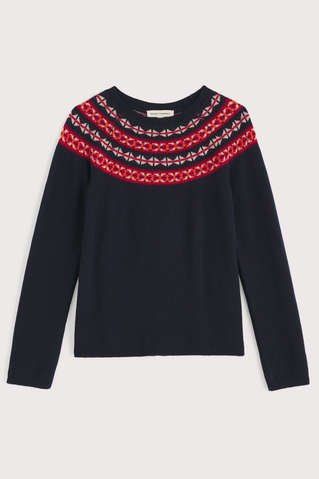 Navy sweater with red and white patterned neckline on a light gray background