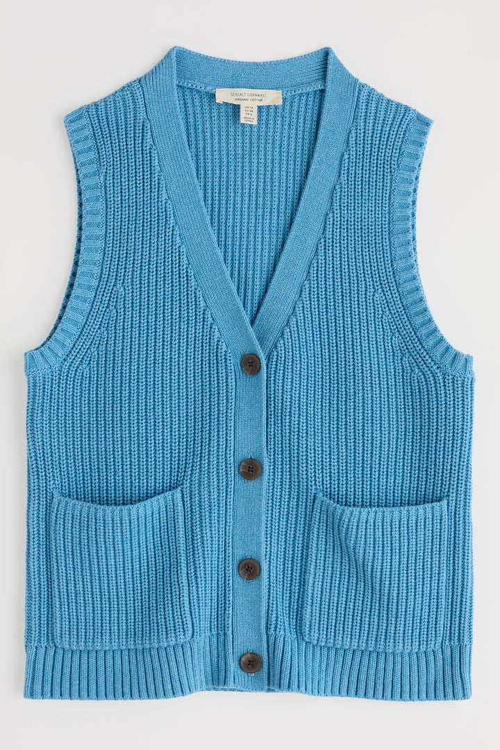Blue knitted vest with buttons on a white background