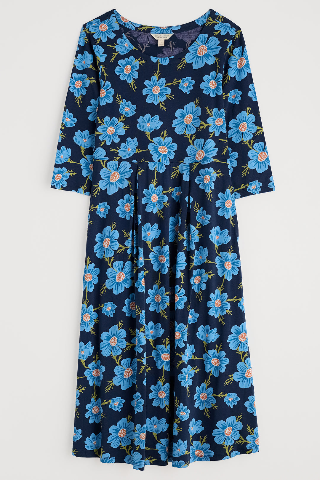 Navy dress with blue floral pattern on a white background