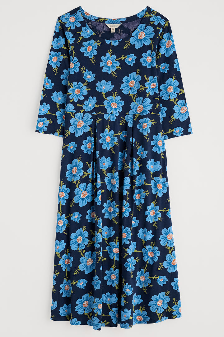 Navy dress with blue floral pattern on a white background