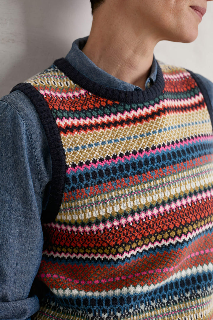 Seasalt Weaving Needle Multi Navy Coupling Fair Isle Knitted Vest - Shirley Allum Boutique