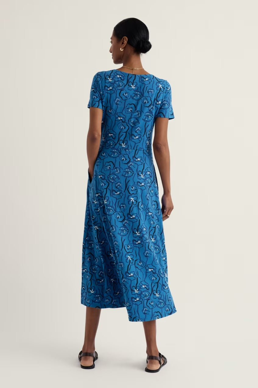 Seasalt WM32710R Veronica Blue Poppy Stems Sailboats Short Sleeve Dress