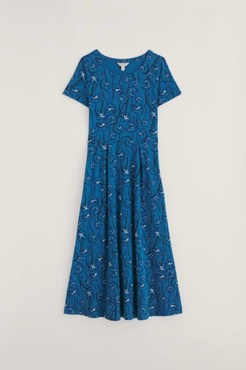 Seasalt WM32710R Veronica Blue Poppy Stems Sailboats Short Sleeve Dress