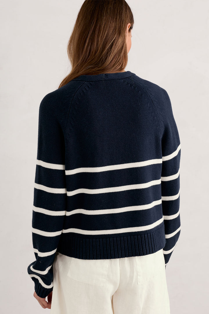 Seasalt WM33349-32579 Porthole Maritime Navy Chalk Stripe Castle Beach Cardigan - Shirley Allum Boutique