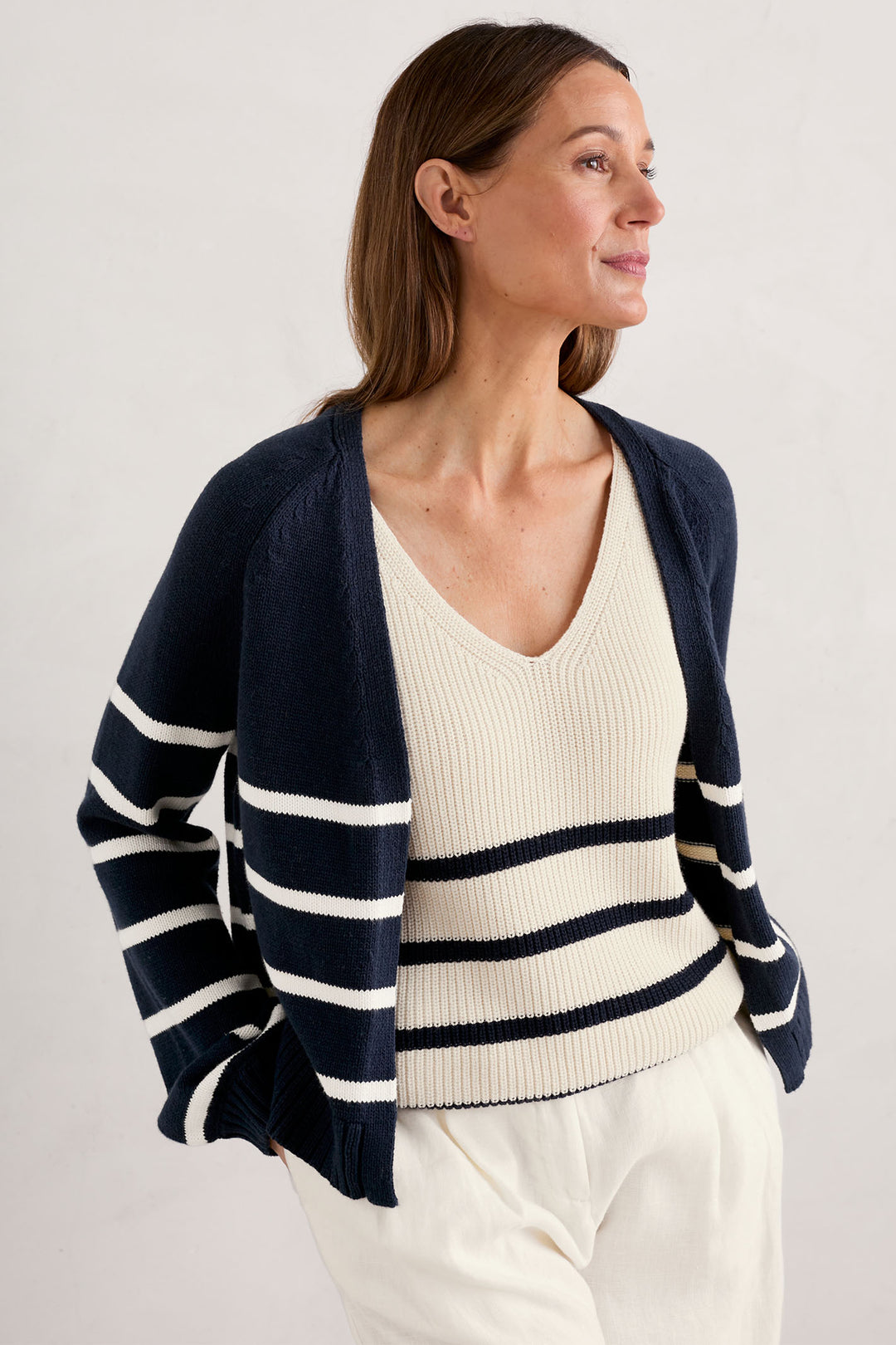 Seasalt WM33349-32579 Porthole Maritime Navy Chalk Stripe Castle Beach Cardigan - Shirley Allum Boutique