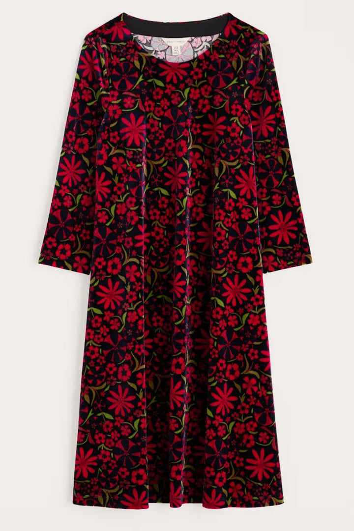 Floral patterned dress with red flowers on a black background