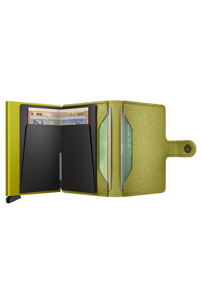 Secrid Miniwallet Crisple Lime Green, open showing cards