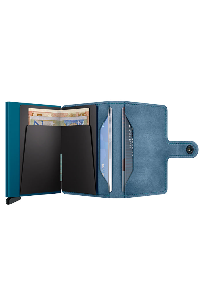 Secrid Miniwallet Vintage Teal Blue, open showing cards