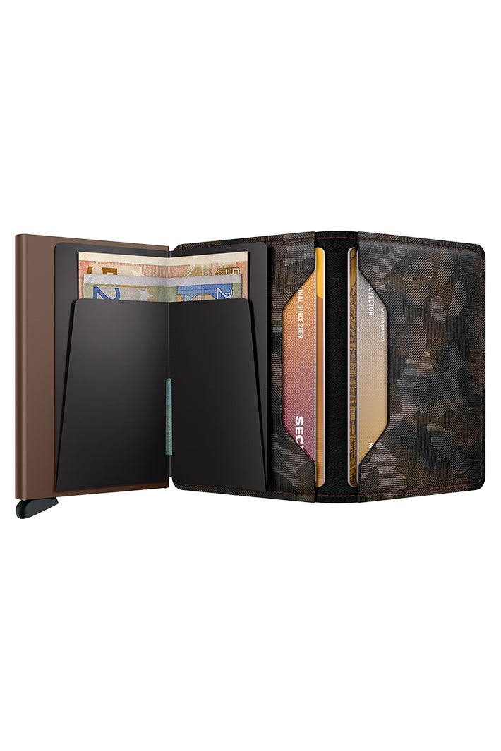 Secrid Slimwallet Jungle Brown, open showing cards