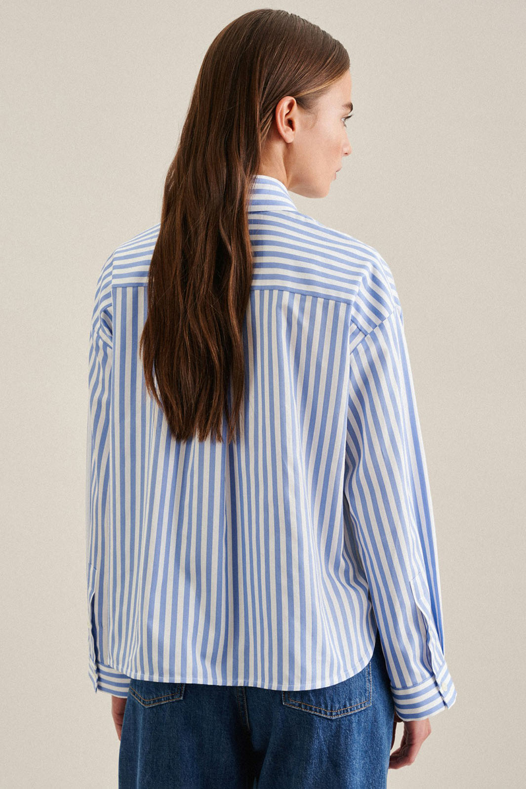 Seidensticker 135264 14 Medium Blue Stripe Long Sleeve Twill Shirt - Shirley Allum Boutique