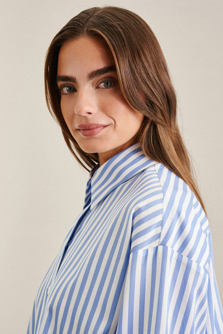 Seidensticker 135264 14 Medium Blue Stripe Long Sleeve Twill Shirt - Shirley Allum Boutique