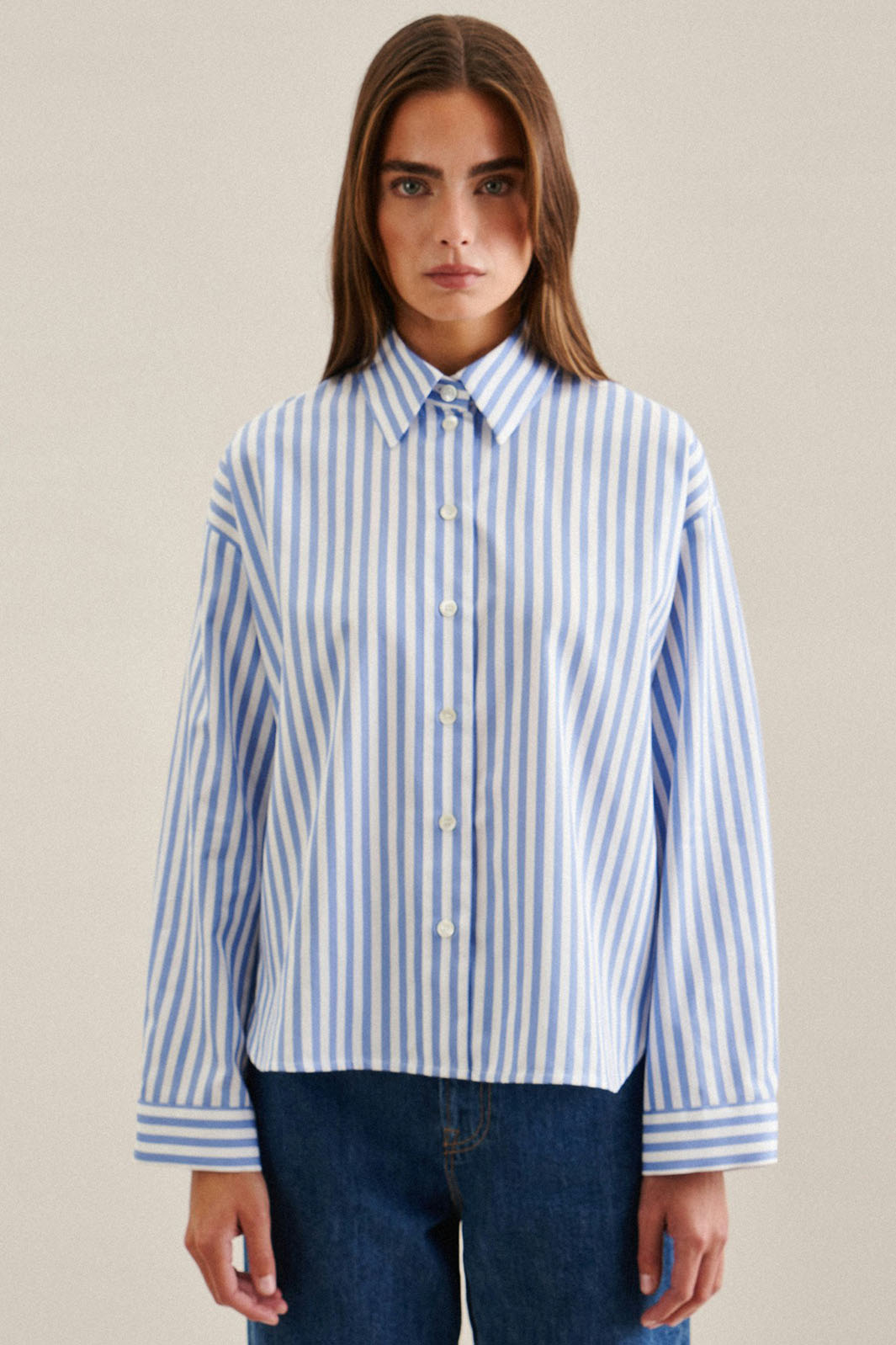 Seidensticker 135264 14 Medium Blue Stripe Long Sleeve Twill Shirt - Shirley Allum Boutique