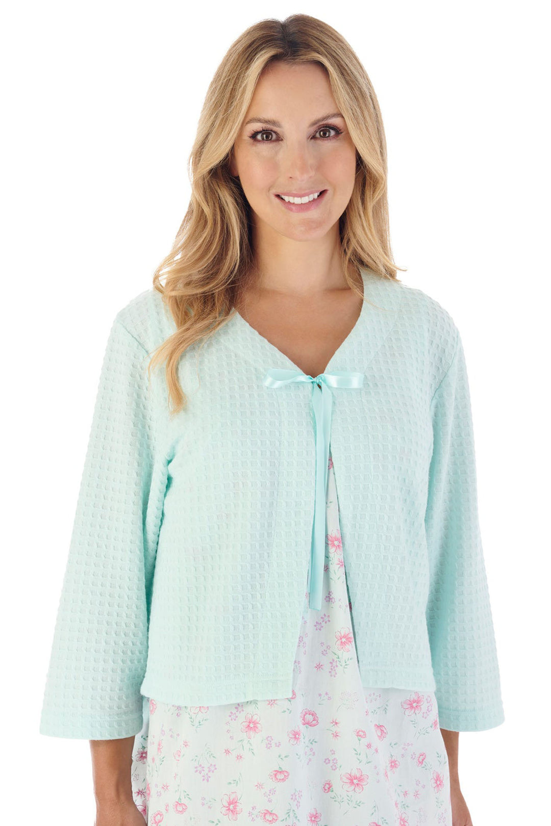 Slenderella BJ3303 Mint Green Houndstooth Knit Ribbon Tie Bed Jacket - Shirley Allum Boutique
