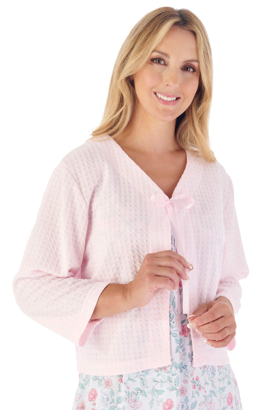 Slenderella BJ3303 Pink Houndstooth Knit Ribbon Tie Bed Jacket - Shirley Allum Boutique