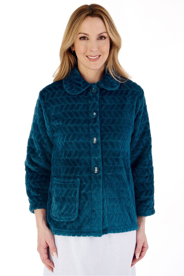 Slenderella BJ88315 25" Teal Blue Chevron Pattern Button Bed Jacket - Shirley Allum Boutique