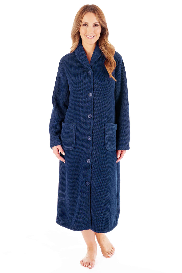 Slenderella HC08332 Navy Soft Waffle Button Housecoat
