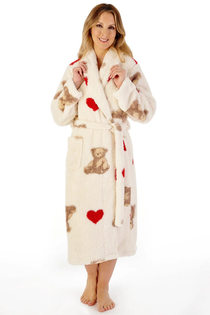 Slenderella HC08336 Ivory Teddy Print Fleece Dressing Gown Robe