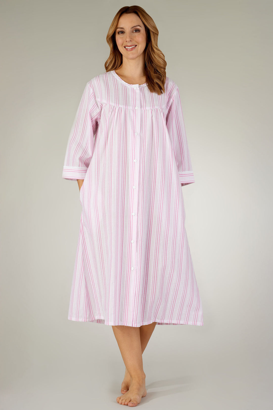 Slenderella HC3225 Pink Pastel Stripe Seersucker 45" Woven Popper Front Housecoat - Shirley Allum Boutique