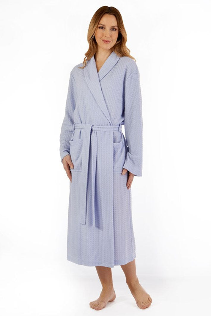 Slenderella HC3301 Blue Houndstooth Knit Shawl Collar Wrap Robe - Shirley Allum Boutique