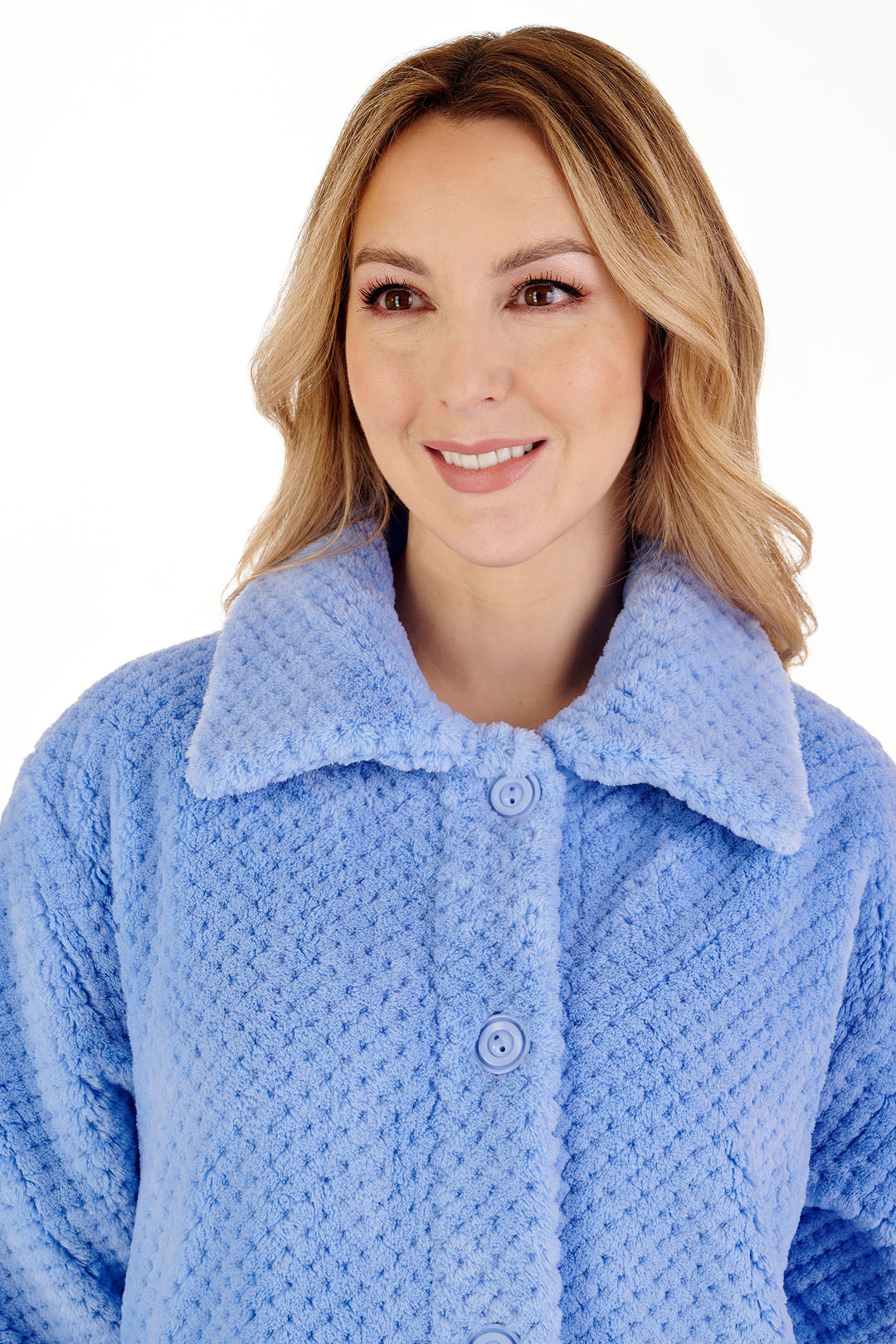 Slenderella HC4328 52 Blue Luxury Waffle Fleece Button Housecoat - Shirley Allum Boutique