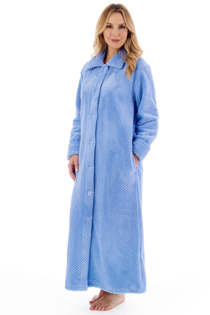 Slenderella HC4328 52 Blue Luxury Waffle Fleece Button Housecoat - Shirley Allum Boutique