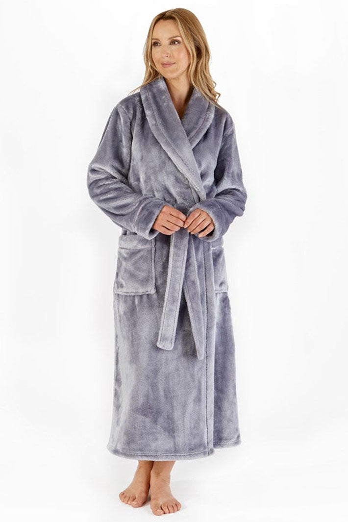 Slenderella HC4342 Silver Luxury Flannel Fleece Dressing Gown - Shirley Allum Boutique