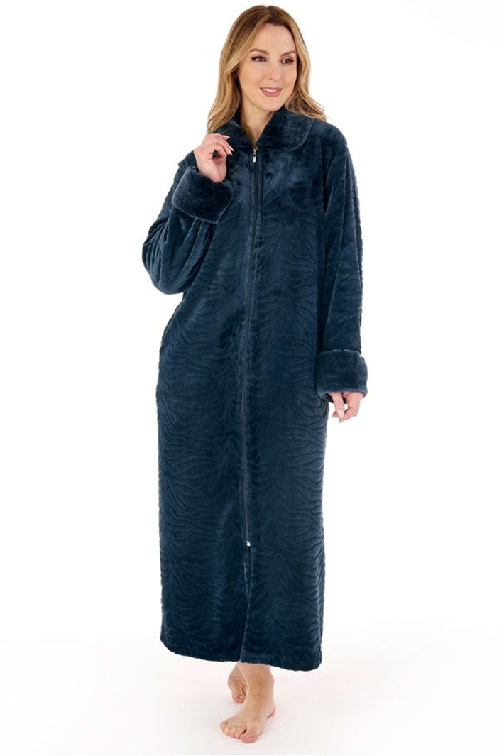 Slenderella HC88337 Petrol Blue Faux Fur Zip Housecoat - Shirley Allum Boutique